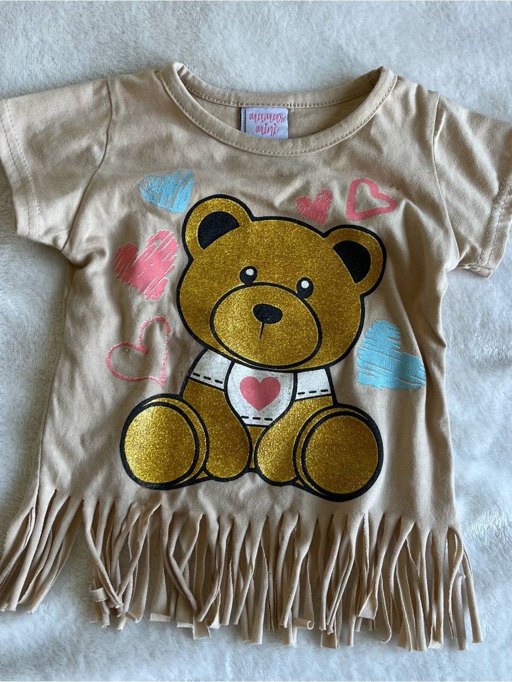 3T Teddy Bear Fringe Tee Shirt - Beige with Gold, Pink, Blue Hearts